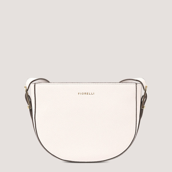 White crossbody bag with a half-moon silhouette.