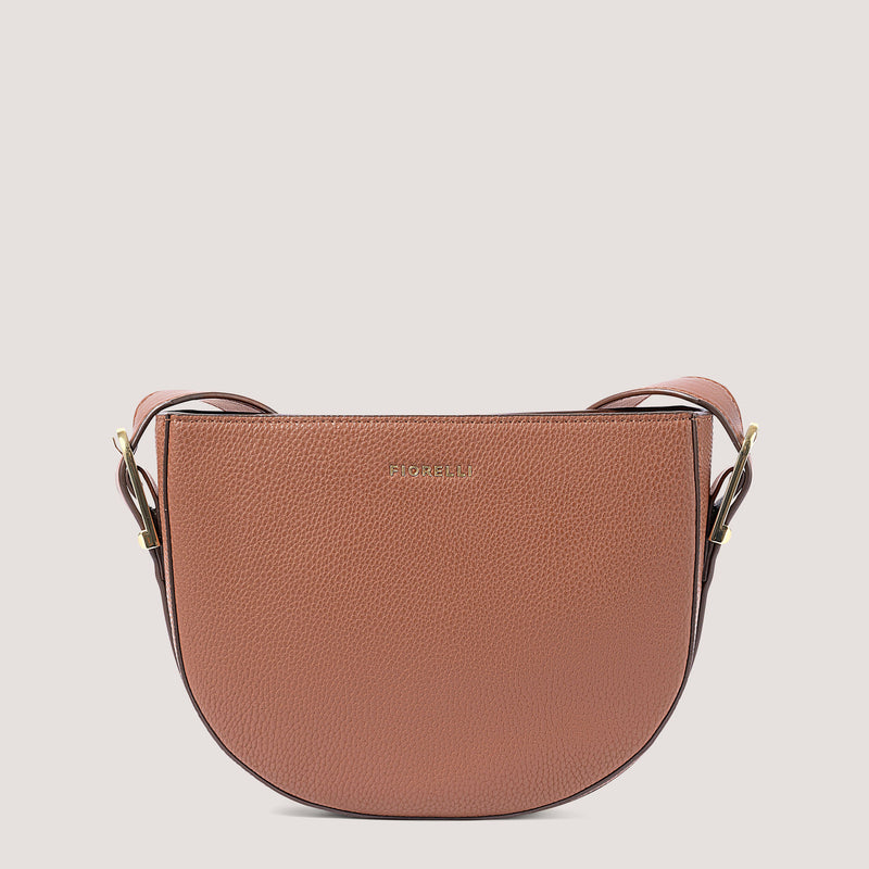 Tan crossbody bag with a half-moon silhouette.