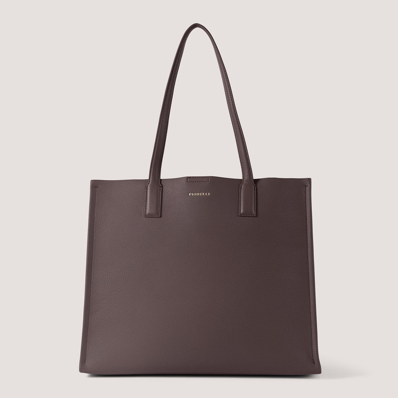 Coffee brown large tote bag with cushioned straps.