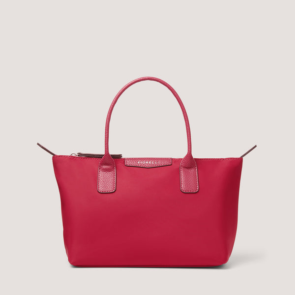 Red nylon tote bag with zip.