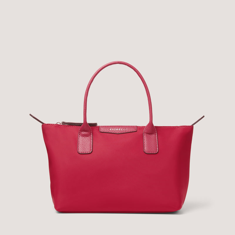 Red nylon tote bag with zip.