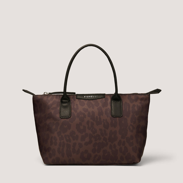 Leopard print nylon tote bag with zip.