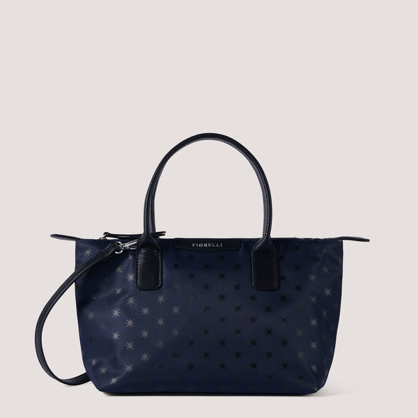 Navy star print nylon tote bag with zip.