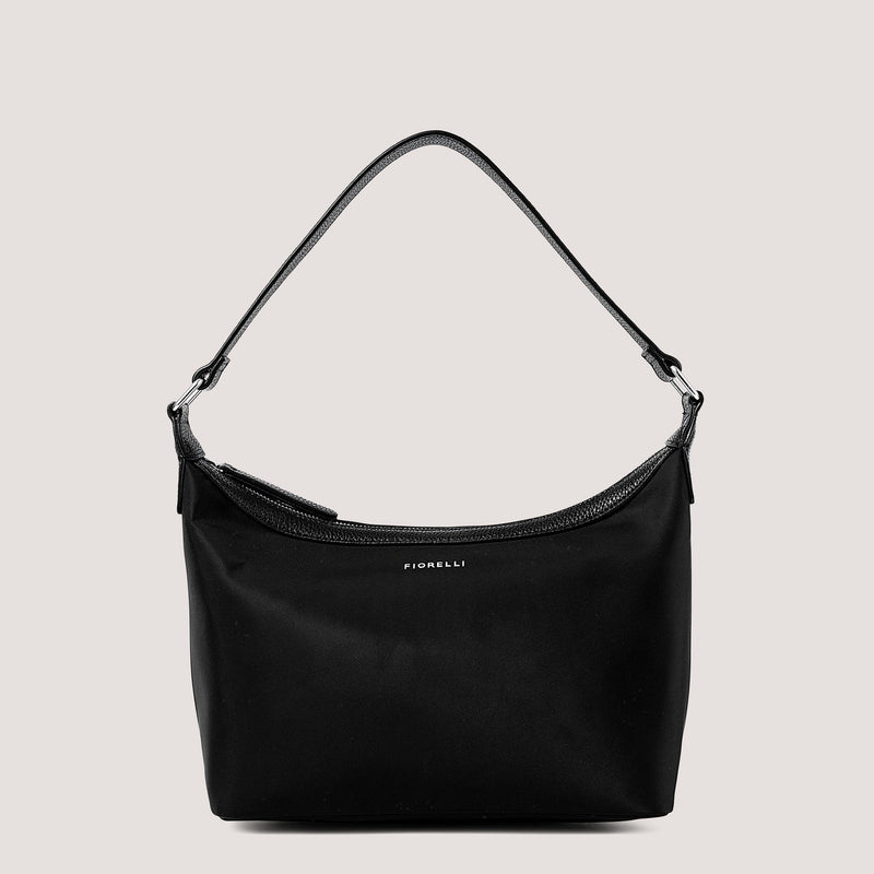 Black nylon mini shoulder bag with statement hardware.