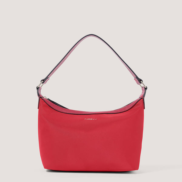 Red nylon mini shoulder bag with statement hardware.