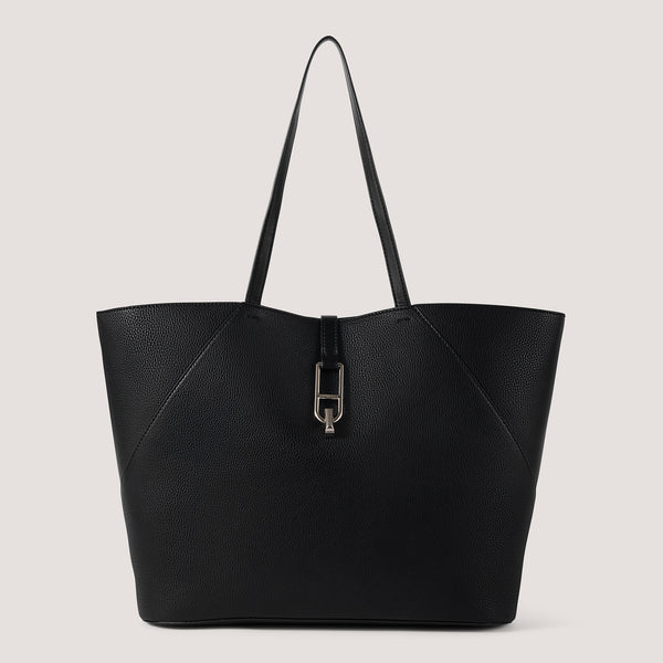 Black large tote bag with twist lock detail.