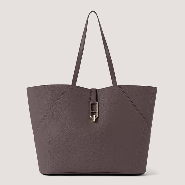 Coffe brown large tote bag with twist lock detail.