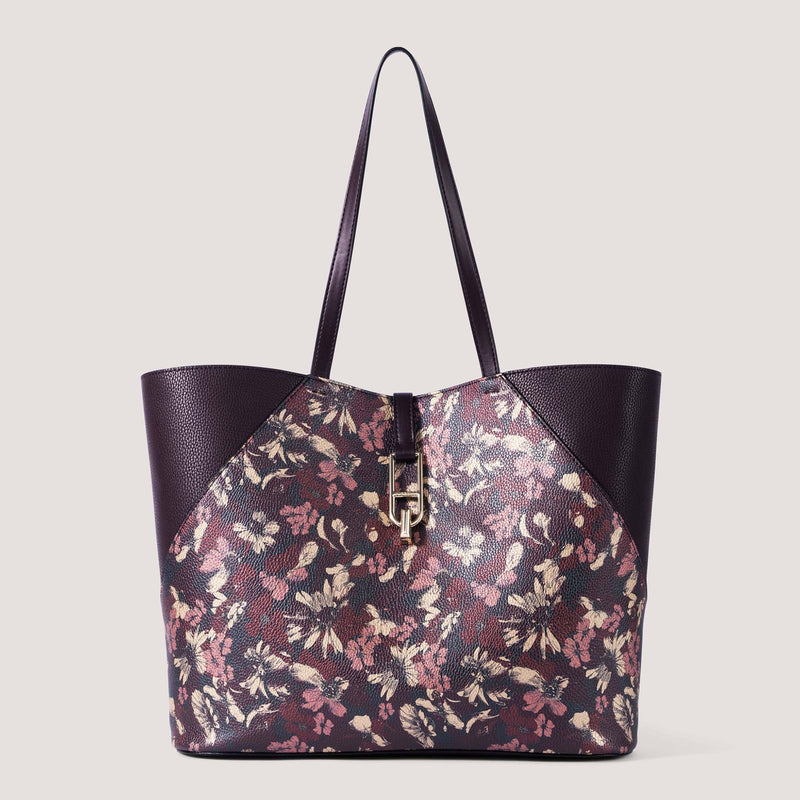 Metallic floral print large tote bag with twist lock detail.