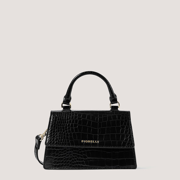 Black croc mini top-handle bag with gold hardware.