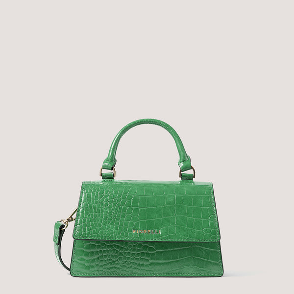 Green croc mini top-handle bag with gold hardware.