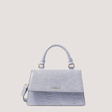 Steel blue croc mini top-handle bag with gold hardware.