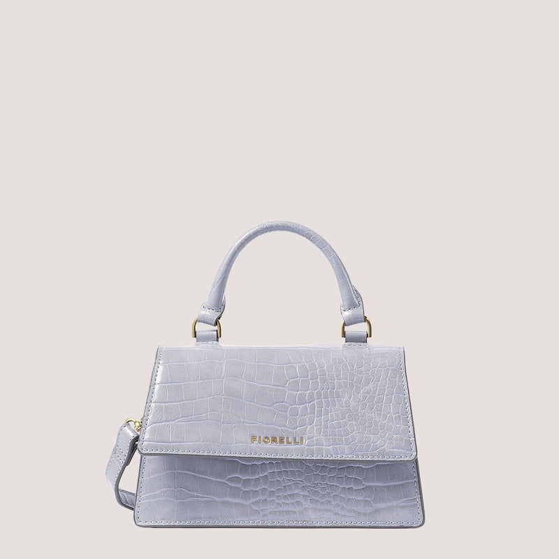 Steel blue croc mini top-handle bag with gold hardware.