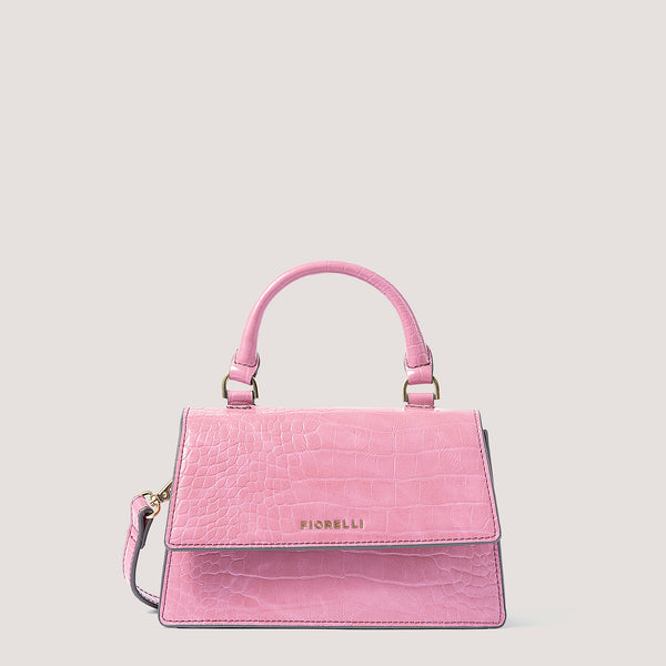 Pink croc mini top-handle bag with gold hardware.