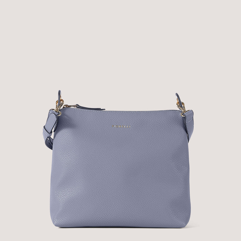 Steel blue crossbody bag with metal eyelets.