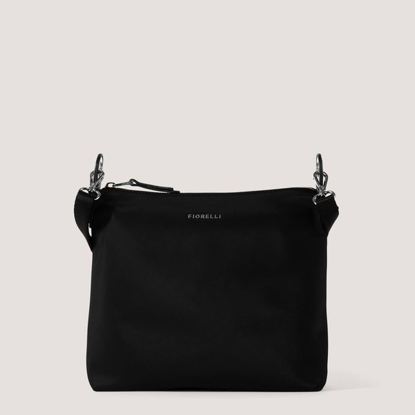 Black nylon crossbody bag with statement hardware.