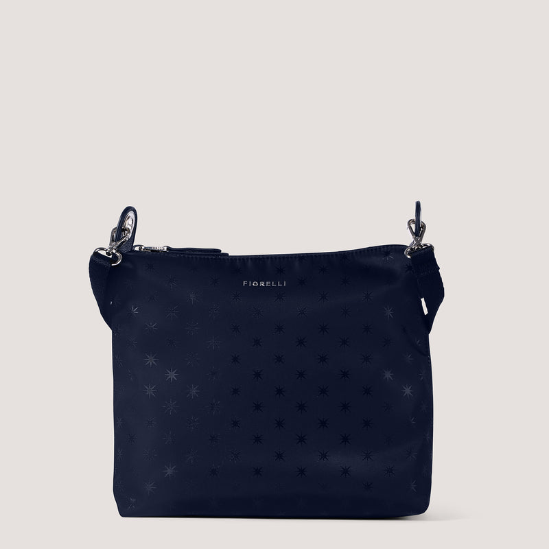 Navy star print nylon crossbody bag with statement hardware.