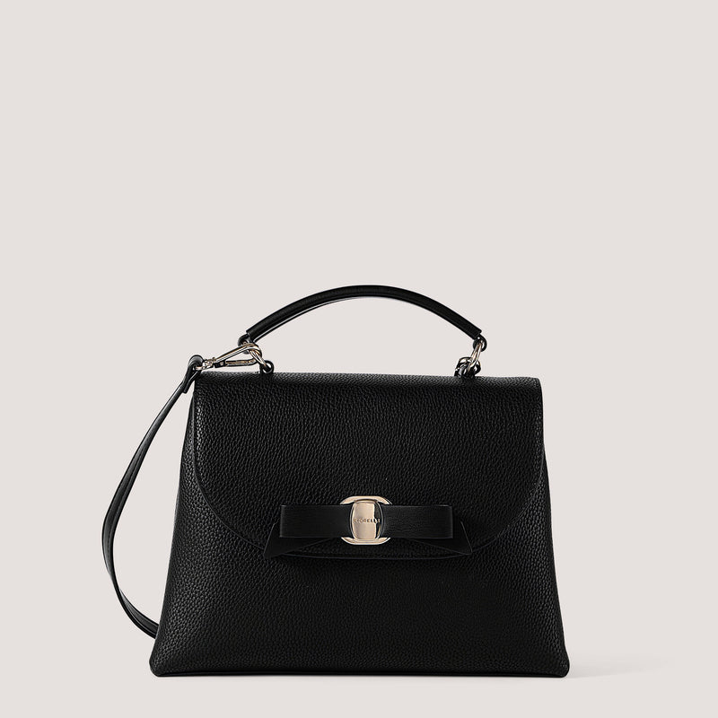 Black handbag with bow detail.