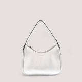 Metallic silver shoulder bag with curved zip.