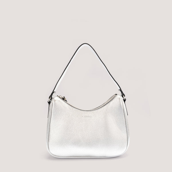 Metallic silver shoulder bag with curved zip.