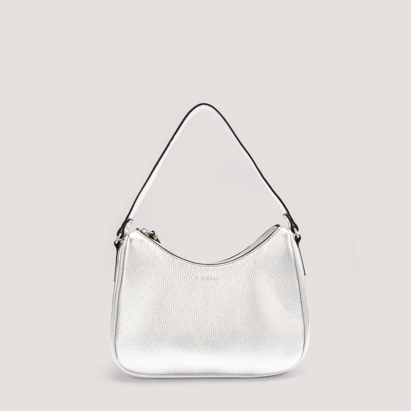 Metallic silver shoulder bag with curved zip.