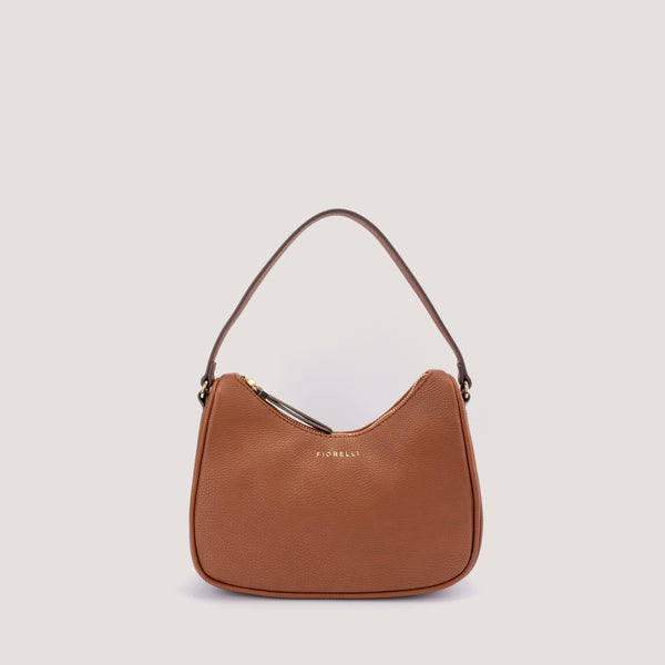 Tan-brown shoulder bag with curved zip.