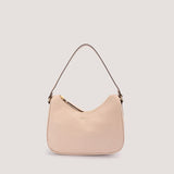 Tan-brown shoulder bag with curved zip.