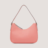 Camellia-pink shoulder bag with a curved shape.