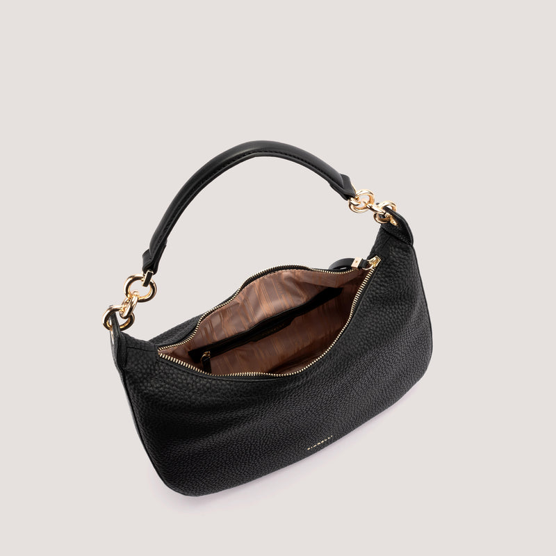 Black slouchy shoulder bag with chain-link detail.