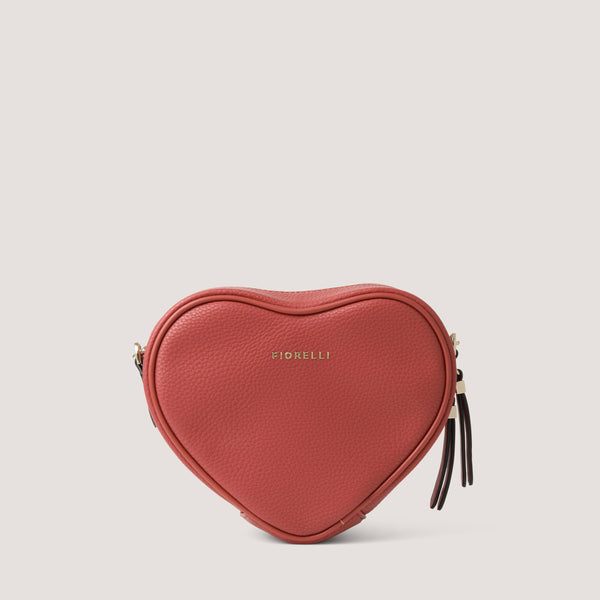 Hot-sauce red heart-shaped bag with crossbody strap.