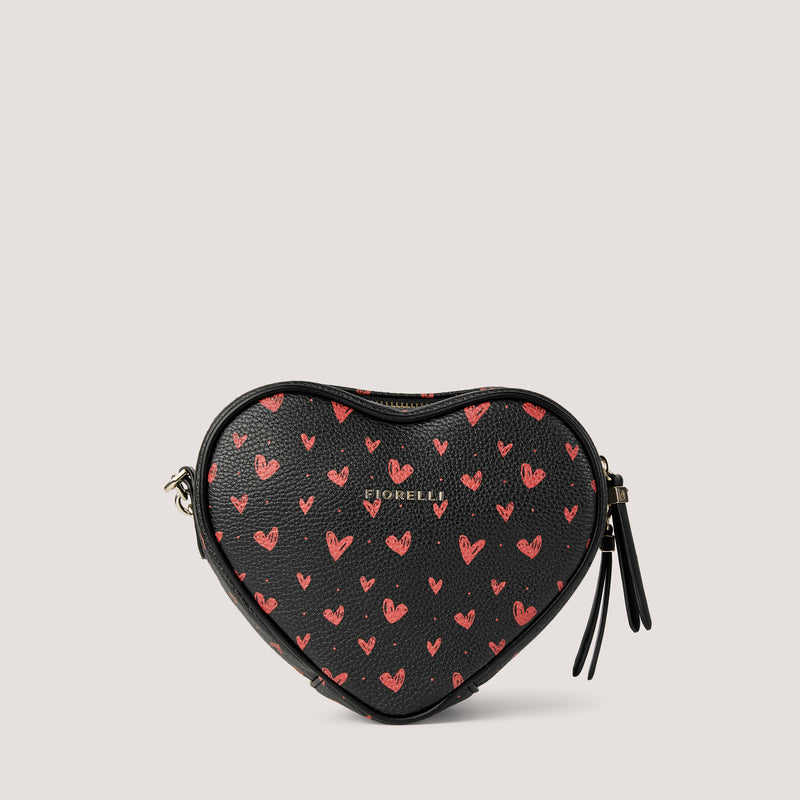 Scattered heart print heart-shaped bag with crossbody strap.