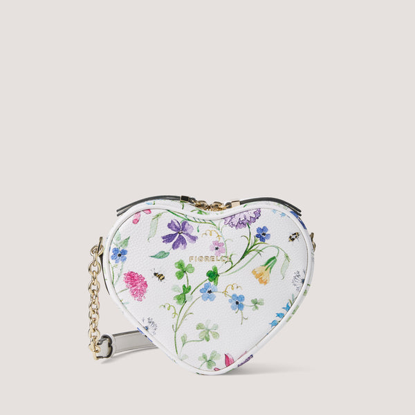 Wildflower print heart-shaped bag with crossbody strap.