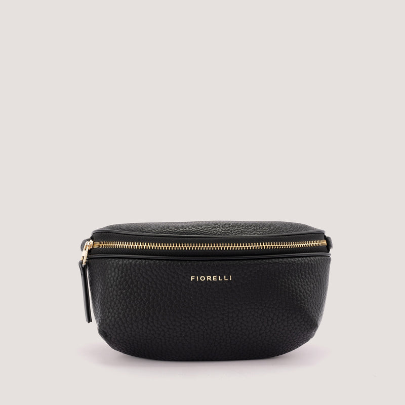 Black belt bag with webbing crossbody strap.