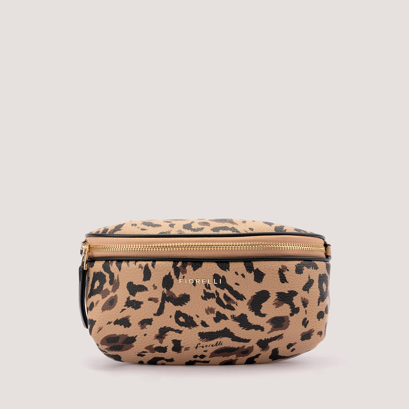 Leopard print belt bag with webbing crossbody strap.