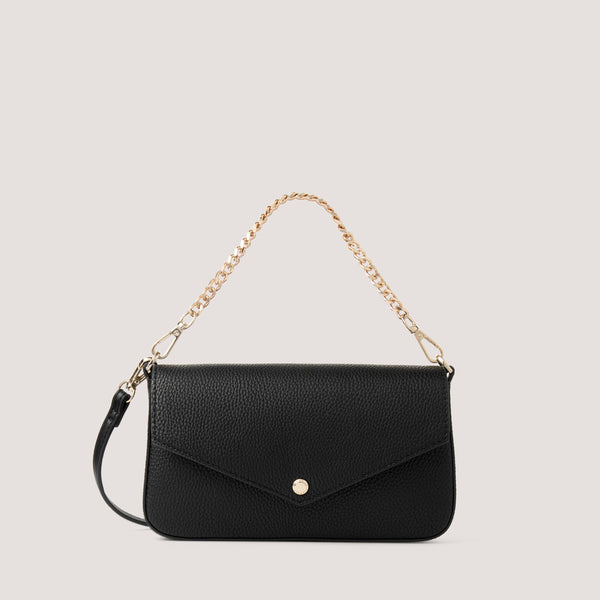 Black crossbody bag with gold-tone chain handle.