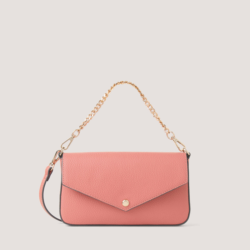 Camellia-pink crossbody bag with gold-tone chain handle.