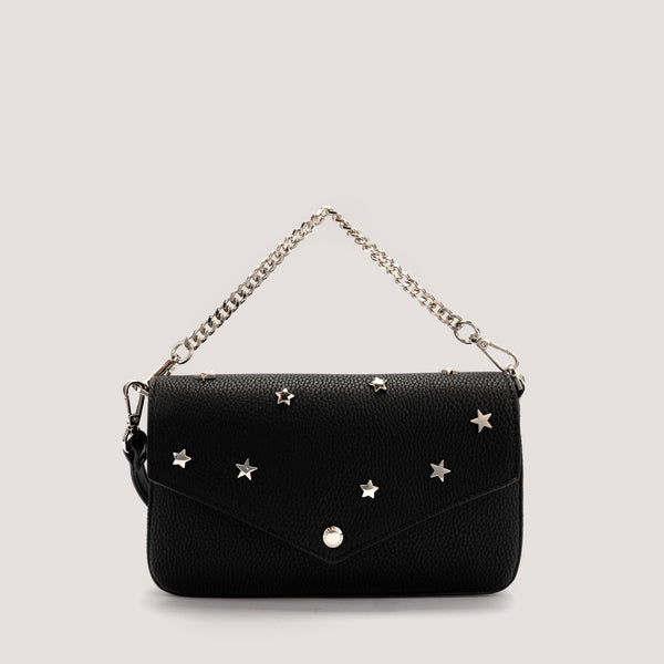 Black crossbody bag with gold-tone chain handle.
