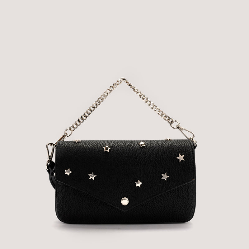 Black crossbody bag with gold-tone chain handle.