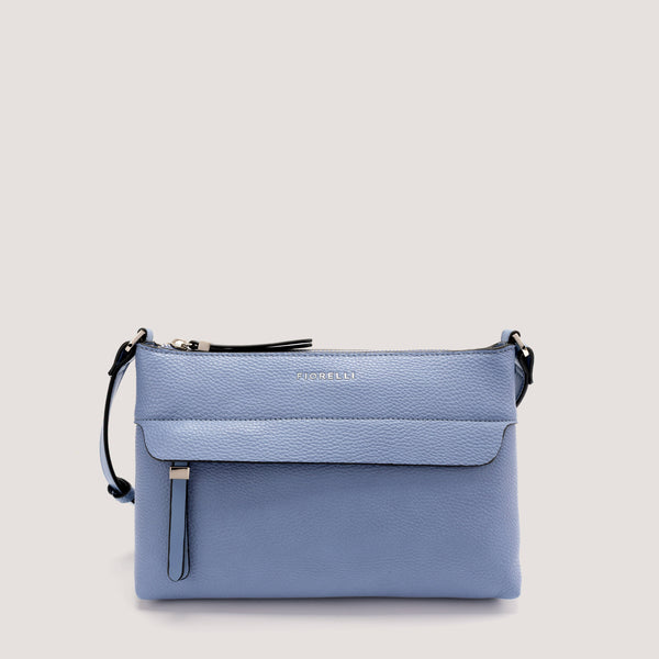 Cornflower blue crossbody bag with concealed zip pocket.