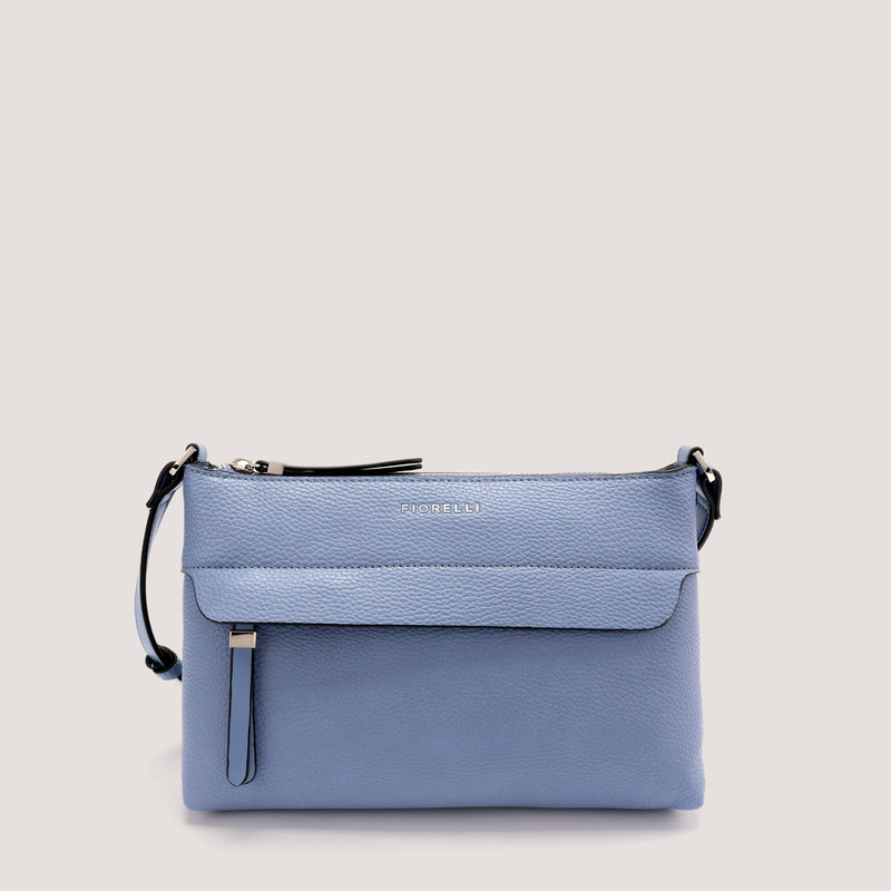 Cornflower blue crossbody bag with concealed zip pocket.
