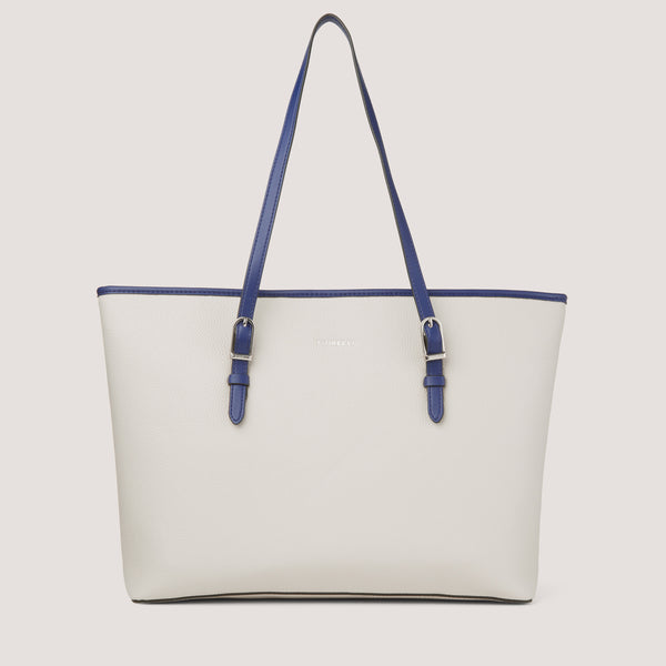 Light-stone and nautical-blue tote bag with detachable pouch.