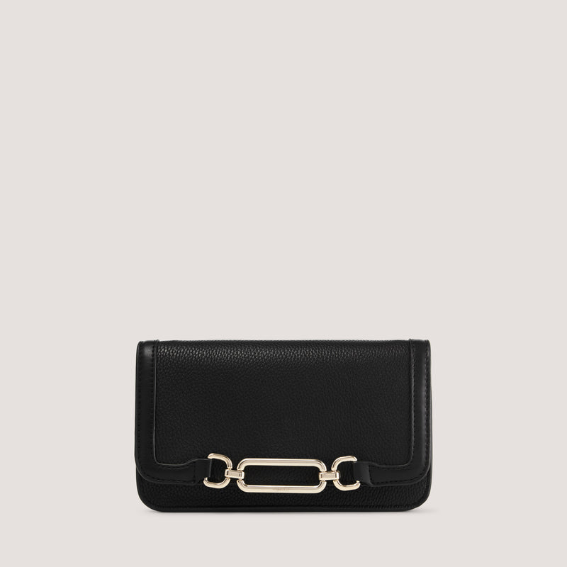 Black clutch with detachable chain strap.