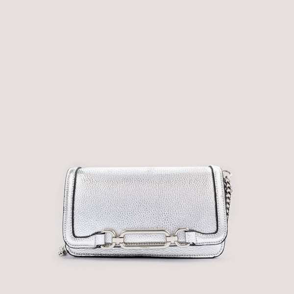 Silver clutch with detachable chain strap.