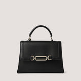 Black top-handle bag with crossbody strap.