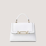 White top-handle bag with crossbody strap.