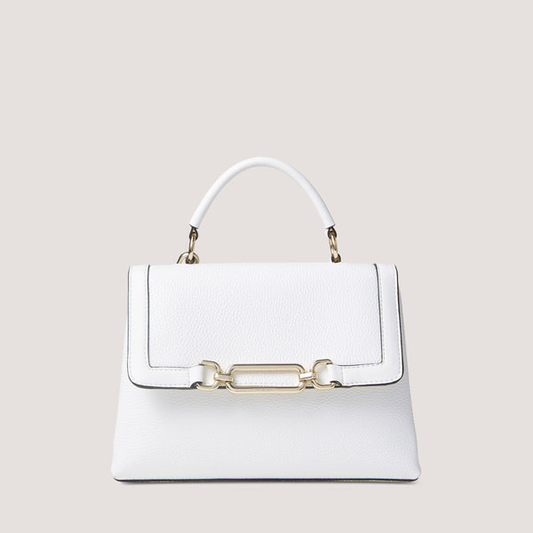 White top-handle bag with crossbody strap.