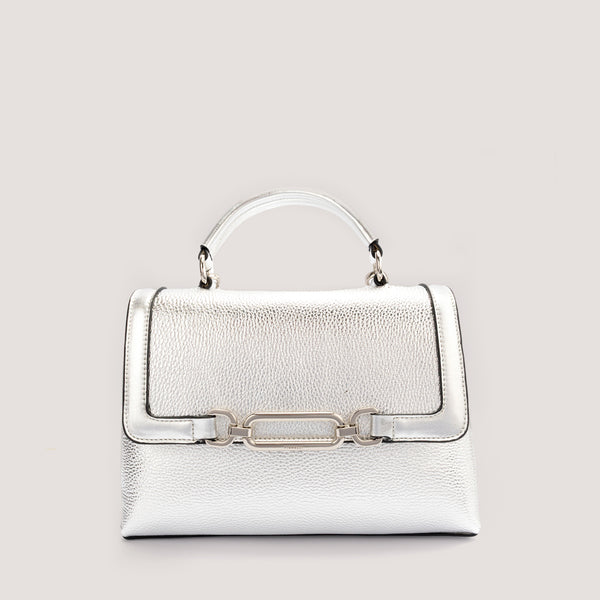 Silver top-handle bag with crossbody strap.