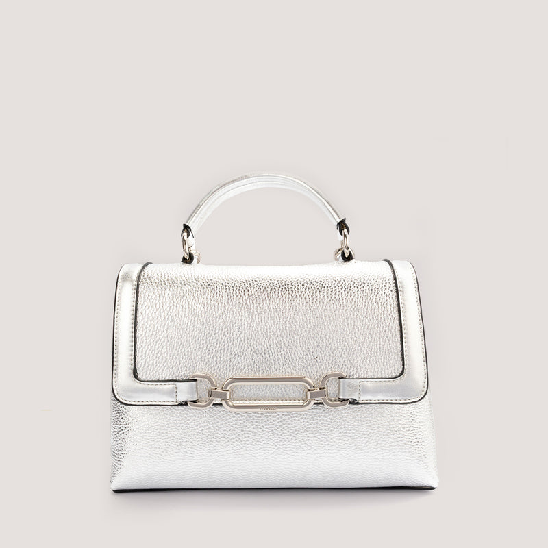 Silver top-handle bag with crossbody strap.