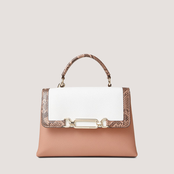 Snake print, white and caramel top-handle bag with crossbody strap.