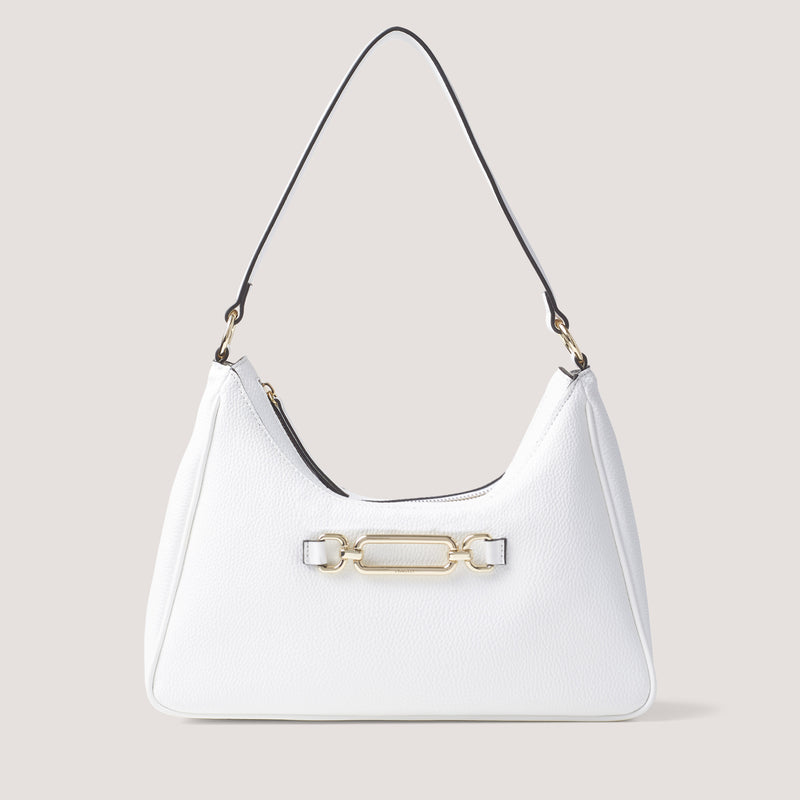 White shoulder bag with chain-link embellishment.