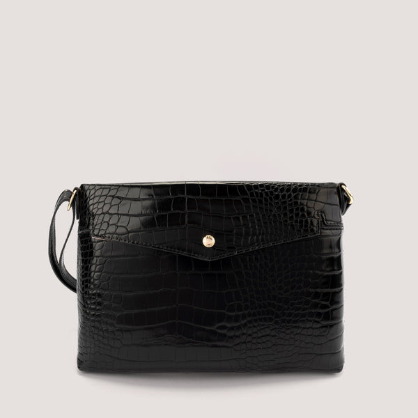Black croc-embossed crossbody bag with adjustable slider strap